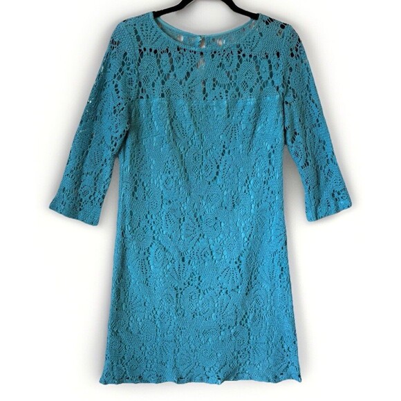 TRINA TURK Dress Women’s Sz 8 Boho Turquoise‎ 3/4 Sleeve Crochet Lined Cotton - Picture 1 of 13